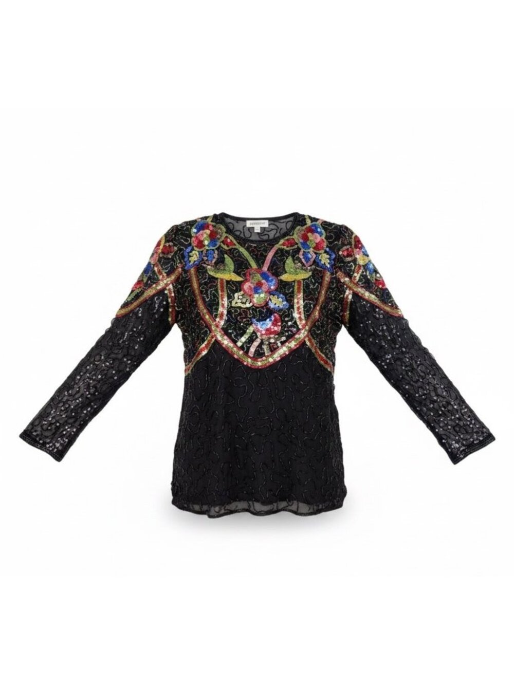 Swee Lo Womens Black Silk Beaded & Sequin Shirt Floral Design Size L